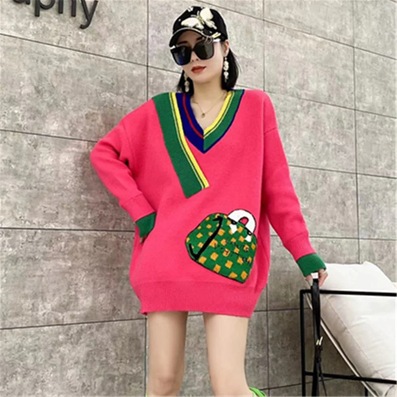 

Spring and Autumn Fashion New Mid Length Design Feel Lazy Contrast Color V-neck Loose Cartoon Knitted Sweater Top For Women