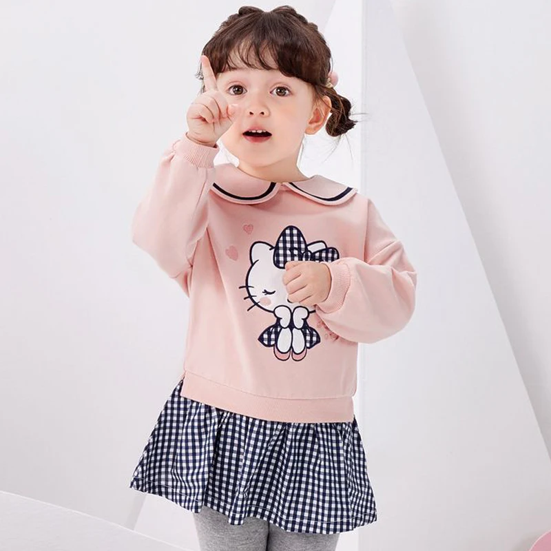 

Kawaii Anime Sanrio Hellokittyed Autumn Girls Dress Cartoon Cute Cotton Sweater Plaid Skirt Sweet Long-Sleeved Pleated Skirt