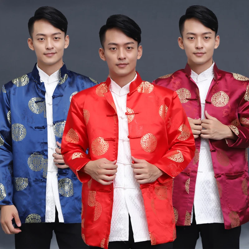 2022 Tang Suit Men's Shirt Chinese Traditional Retro Long-Sleeved Chinese Men's Kung Fu Hanfu New Year Clothes Birthday Party