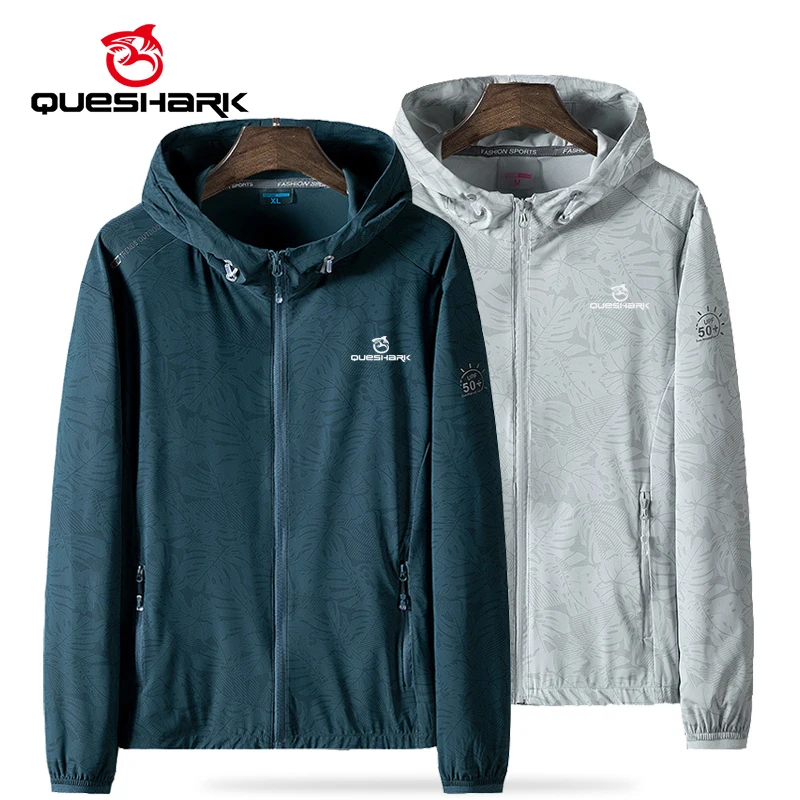 Queshark UPF50+ Sun-Protective Hiking Jacket Men Reflective Camo Quick Dry Sunscreen Running Fishing Trekking Sport Skin Coat