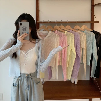 Sunscreen Cardigan Thin Women Ice Silk Knitted Tees Perspective Long Sleeve Top Overlay Simple Casual Slim Fashion Vneck T-shirt 1