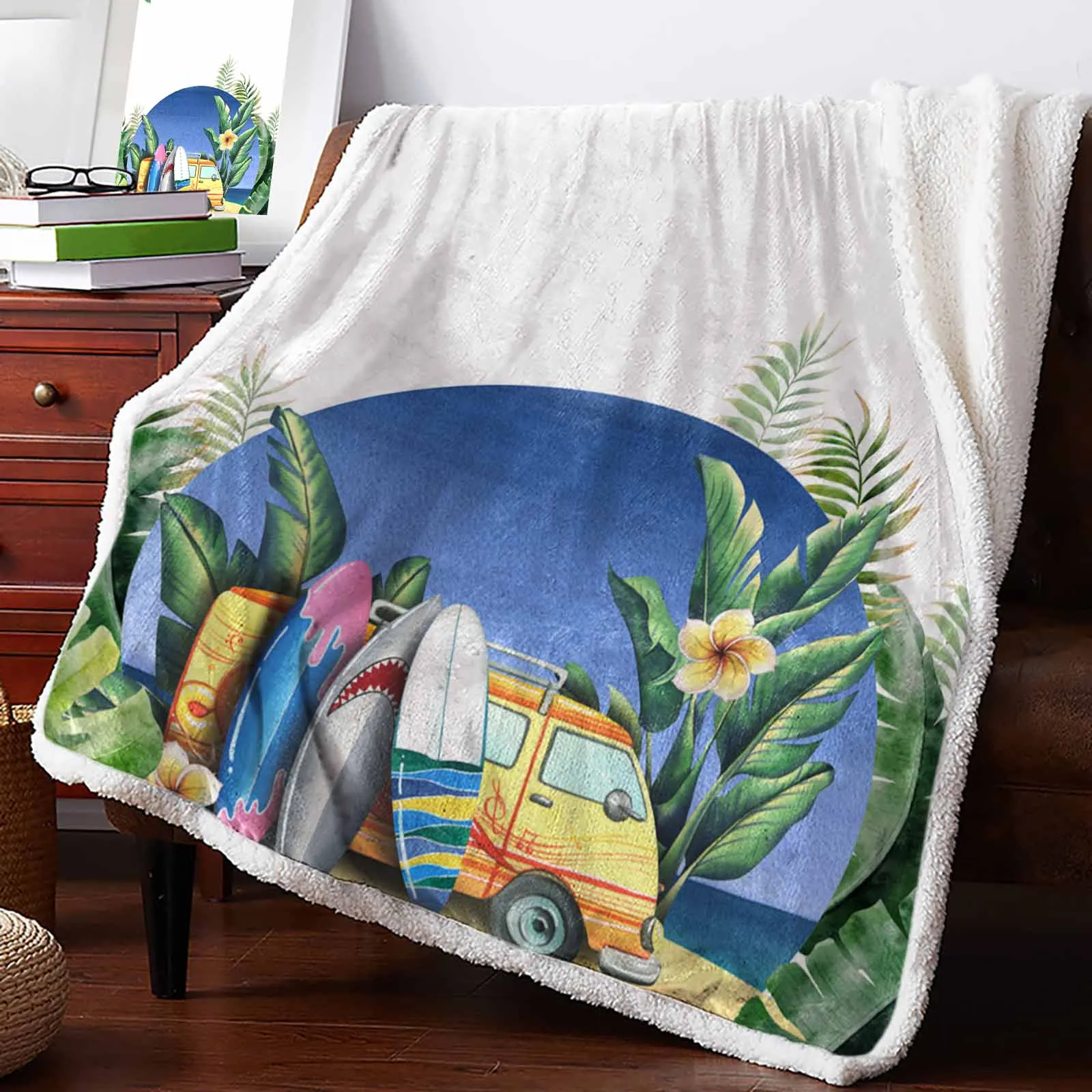

Beach Bus Tropical Leaves Summer Cashmere Blanket Winter Warm Soft Throw Blankets for Beds Sofa Wool Blanket Bedspread