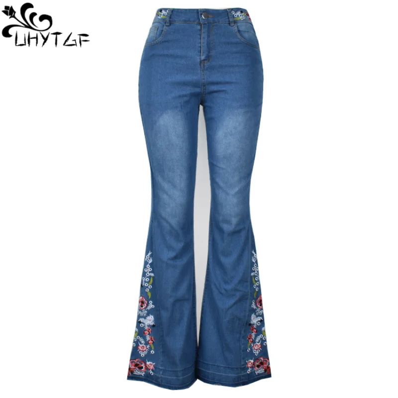 

UHYTGF Jeans For Women Clothing Autumn Winter Embroidered Splicing Wash Fashion Street Wear Flared Trousers Female Denim Pants