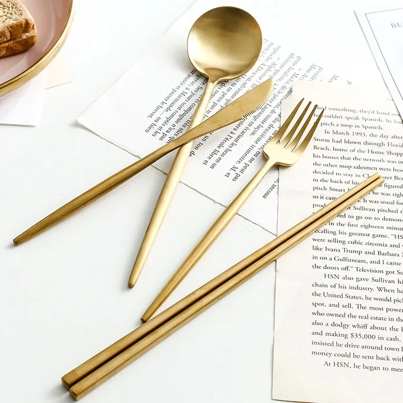 Matte Gold 18/10 Stainless Steel Luxury Cutlery Dinnerware Tableware Knife Spoon Fork Chopsticks Flatware Set Dishwasher Safe