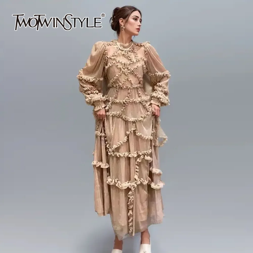 

TWOTWINSTYLE Solid Patchwork Ruffles Dress For Women Round Neck Long Sleeve High Waist Loose Elegant Dresses Female Fashion New