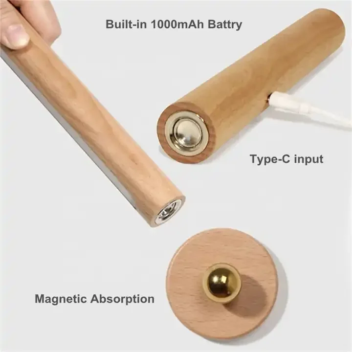 360 도 회전 목제 LED 벽 램프, 자석 분리형 및 무단 조광 충전식 벽 램프, USB 야간 조명, 1 개