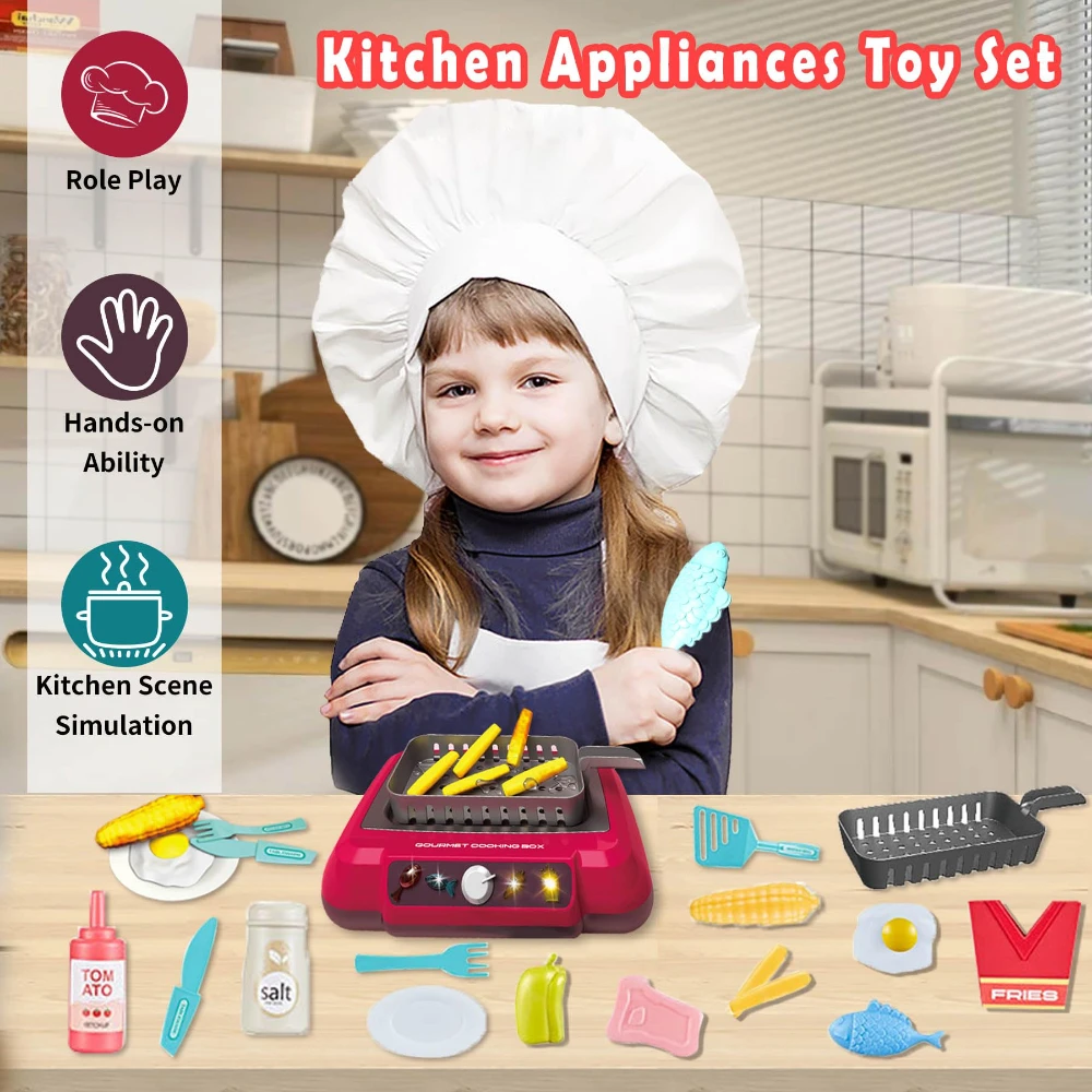 WizKidz Kids Play Kitchen Accessories Toy Set Gift with Sound & Light Color Changing Play Food Fryer Toy Kitchen for Boy & Girl 5