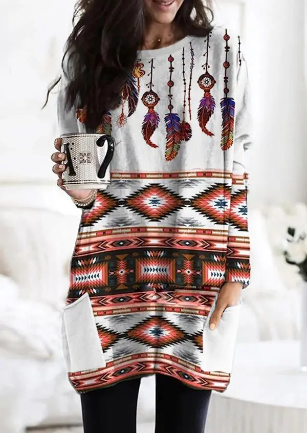 

2023 Autumn New Women's Long T-shirt Bohemian 3D Printed Long Sleeve Top Winter Indian Ethnic Style Women's Round Neck Top