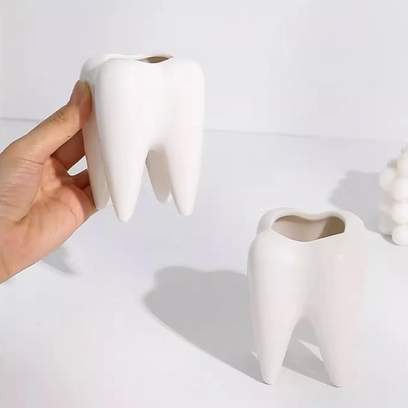 Creative Tooth Shape Pen Holder, White Teeth Toothbrush Cup, Miscellaneous Storage, Flower Pot Desktop Decoration Ornaments, 1Pc