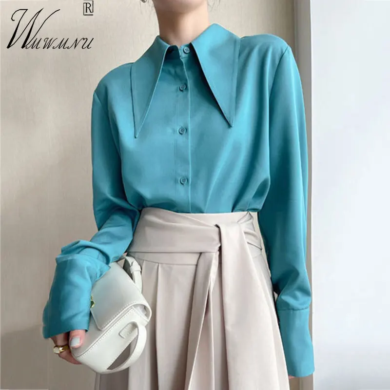 Women's Pointed Collar Blouses French Style Luxury Design Shirt 2023 Spring Summer Tops Long Sleeves Chic Fashion Blue Blusas jumpsuit women spring summer new solid color short sleeves high waist leace up jumpsuits fashion elegant chic feminino playsuits