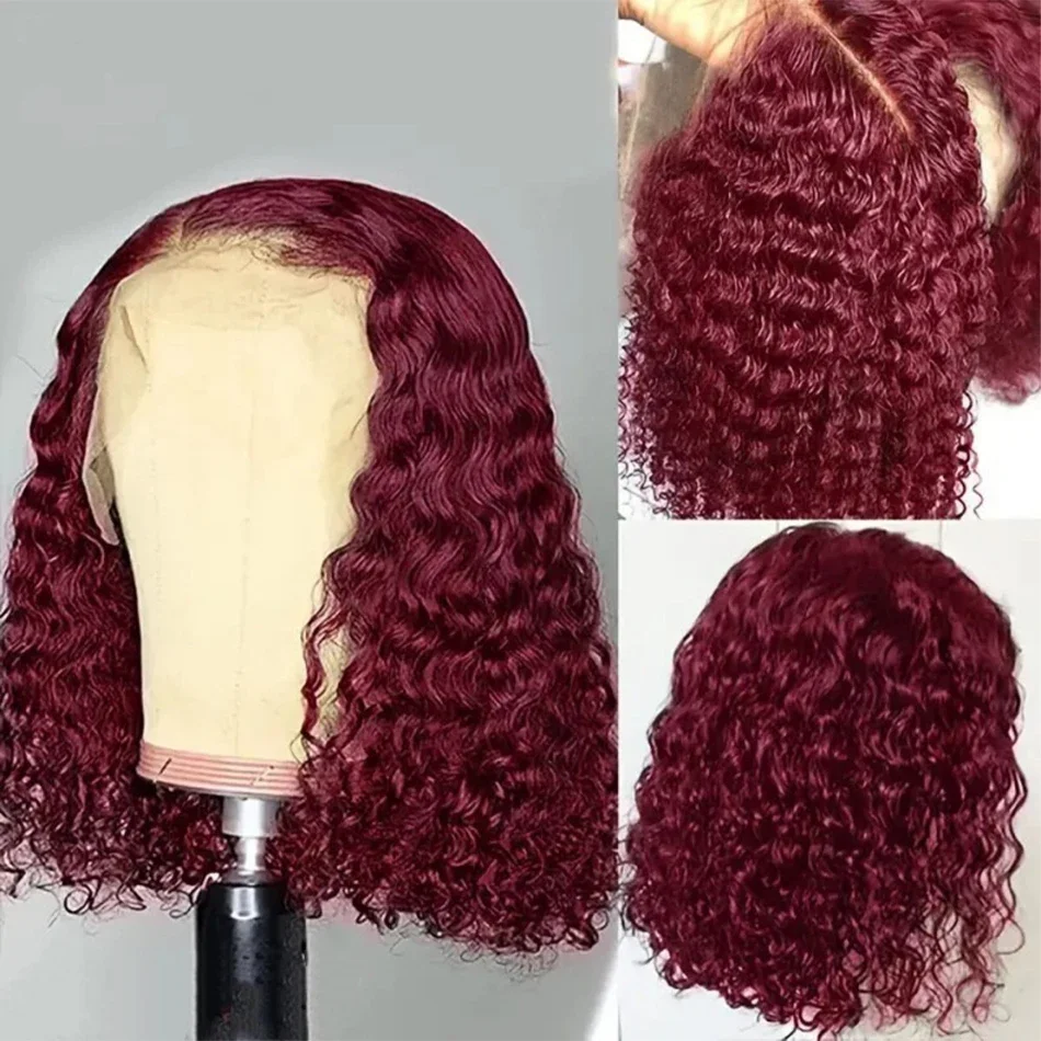 200% Density 99J Burgundy Short Deep Water Wave 13x4 Lace burgundy HD lace deep wave short bob wigs human hair wigs 16 inches