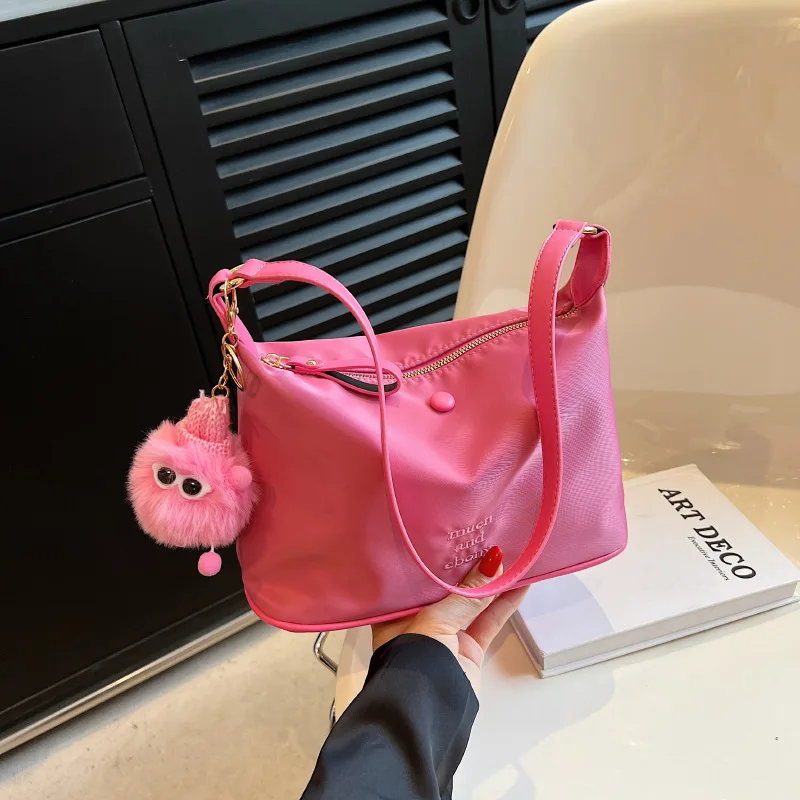 

Textured Embroidered Trendy Letter Underarm Bags Casual Simple Solid Color Nylon Single Shoulder Bag Commuting Versatile Satchel