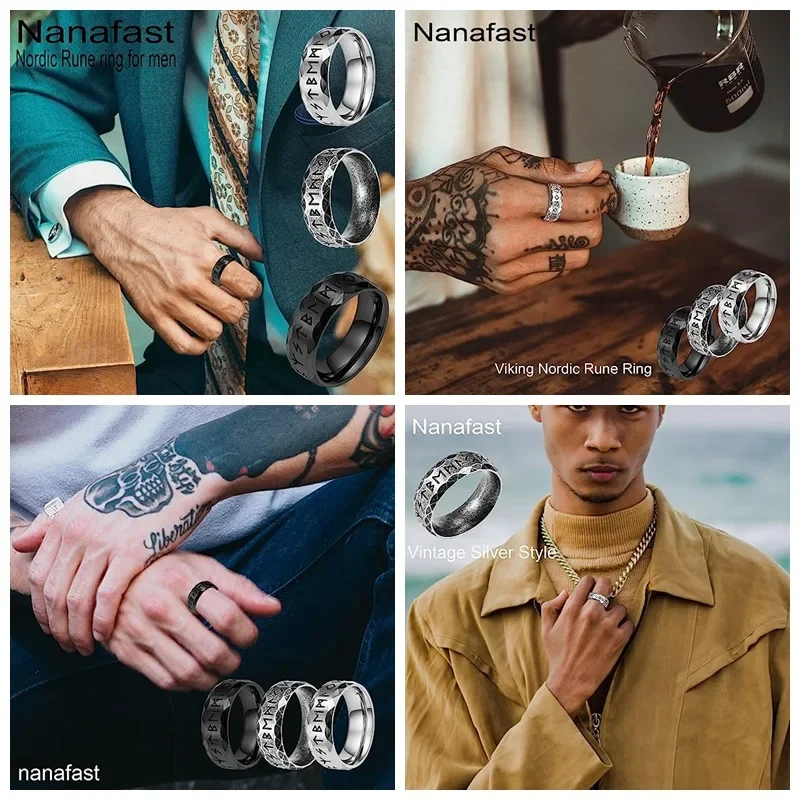 Vintage Nordic Viking Pirate Rune Stainless Steel Antique Rings Fashionable Men and Women Talismans Couple Party Jewelry Gifts 5