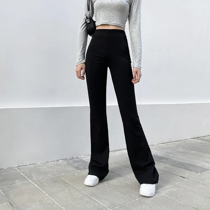 Women Fashion Elastic Waist Black Flared Pants Office Lady Pants High Waist Wide Leg Trousers Casual Hipster Streetwear Pants