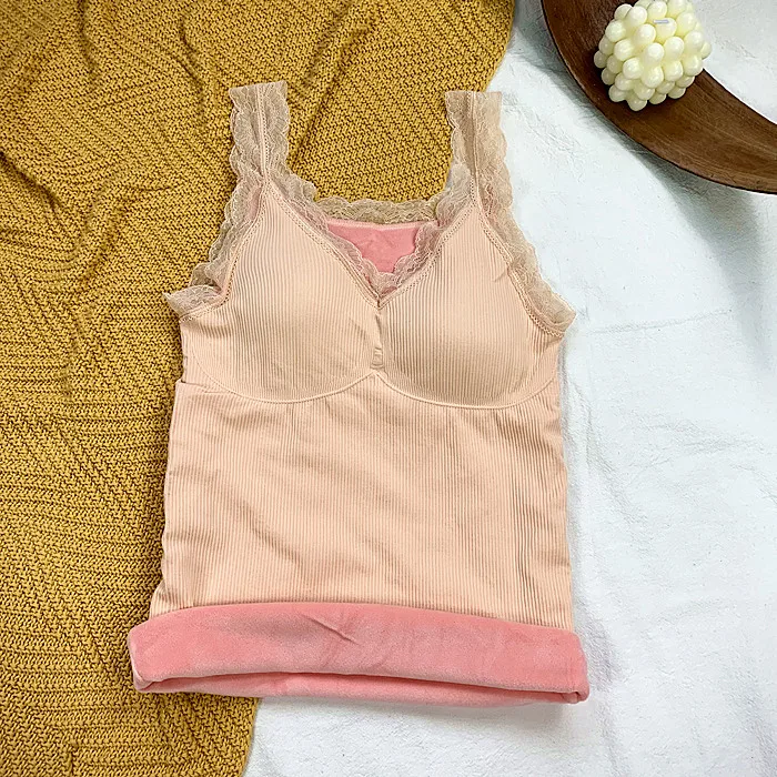 가을과 겨울 새로운 슬림 핏 섹시한 레이스 양털 안감 따뜻한 슬링 바닥 셔츠 한국 스타일 최고 민소매 조끼 여성