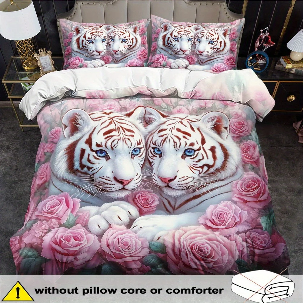 Kaijit White Tiger Theme Duvet Cover Set - 2/3pcs, Soft, Comfortable And Breathable, Animal Flower Pattern Print Bedding Set