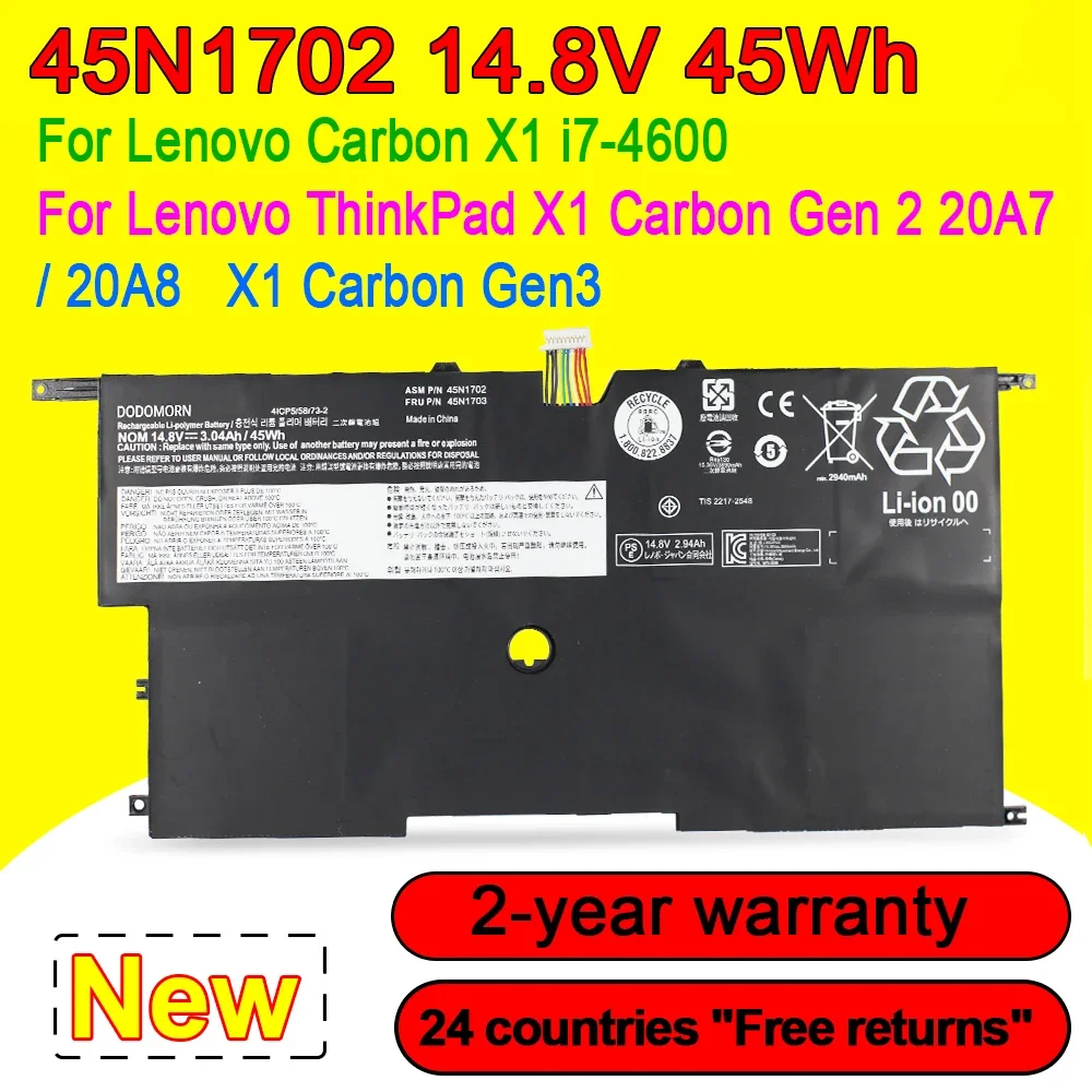 

Аккумулятор 45N1702 45N1703 для Lenovo ThinkPad X1 Carbon Gen 2 20A7 20A8 i7-4600 Series hw00002 00HW003 45N1701 14,8 в 45 Втч 3040 мАч