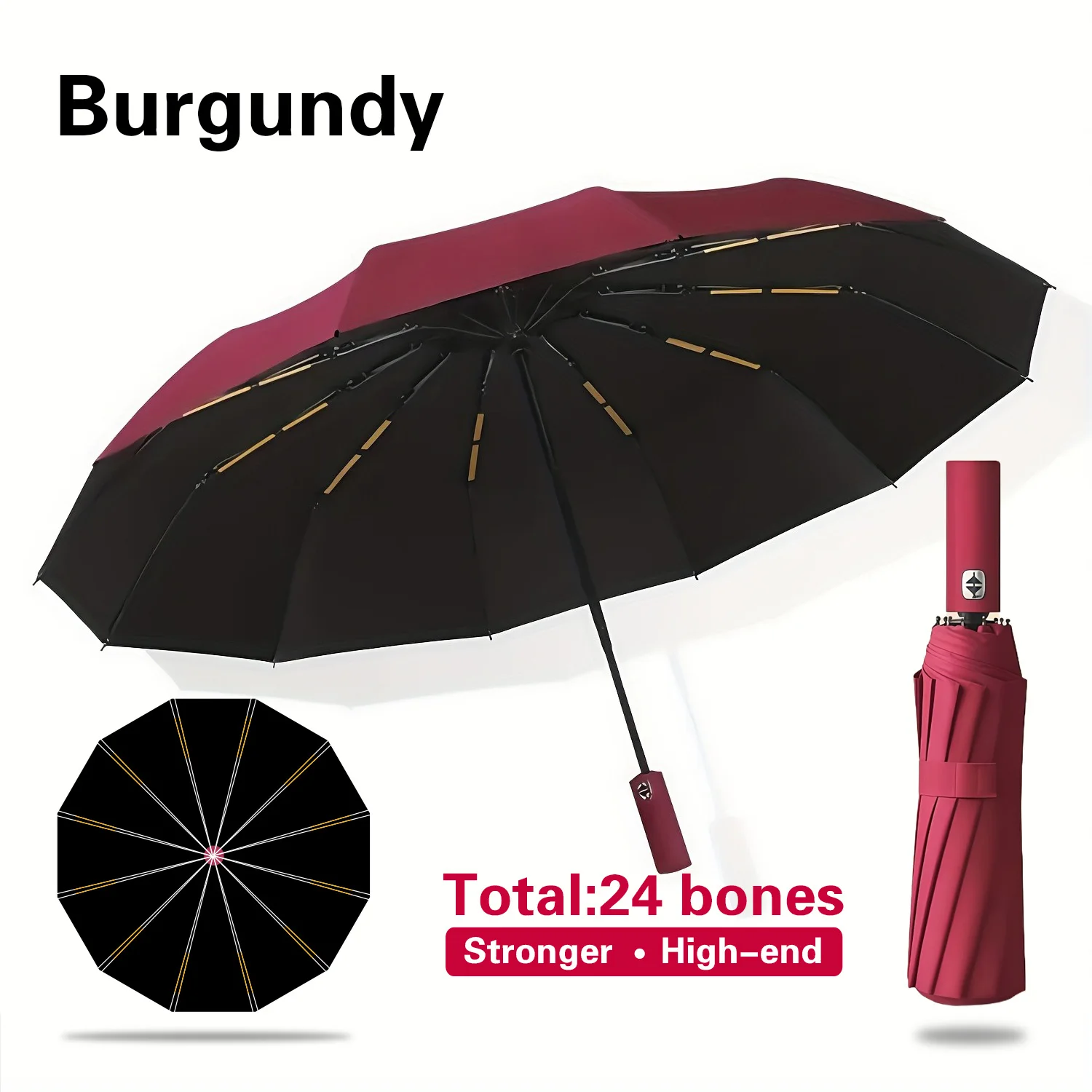 Automatic Folding Umbrella Double-Sided 24 Rib Windproof-Heavy Duty Compact Travel Umbrella for Men & Women, All-Weather Use