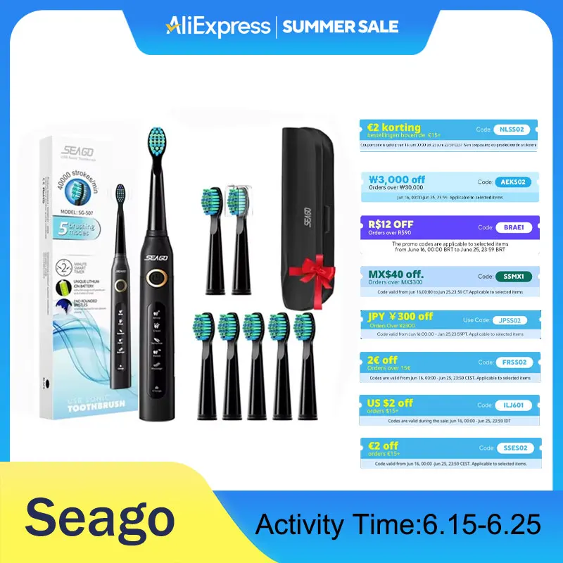 Seago Sonic Electric Toothbrush SG-507 For Adult Timer Brush 5 Modes Micro USB Rechargeable Tooth Brush Replacement Heads Set