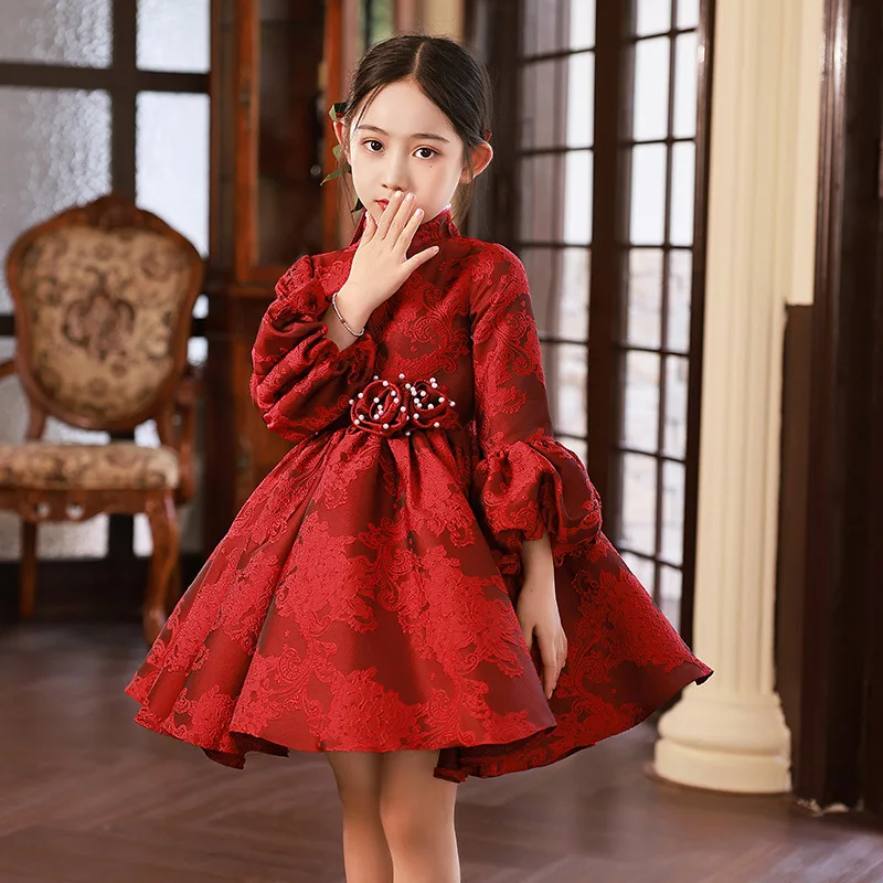 

2023 New Children's Evening Gown Bow Design Spanish Vintage Girls Birthday Baptism Party Christmas Red Dresses for Eid
