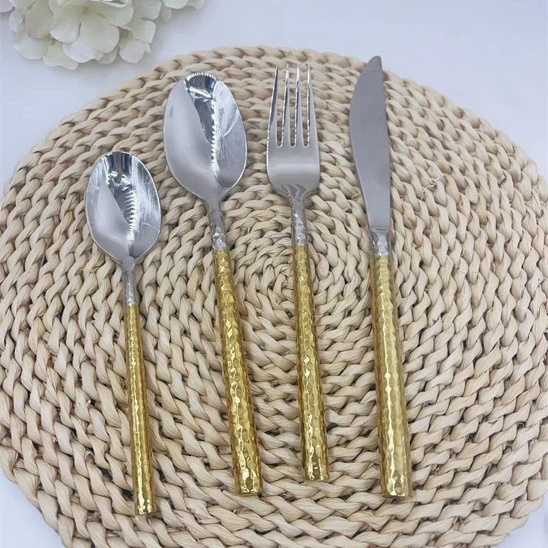 

304 Stainless Steel Gold Dinnerware Set Luxury Golden Cutlery Solid Hammed Handle Steak Knife Fork Spoon Teaspoon Tea Fork 5Pcs