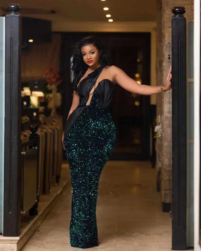

Green glitter sexy mermaid Hip wrap card shoulder off-the-shoulder custom luxury evening dress Party Dance Formal occasion