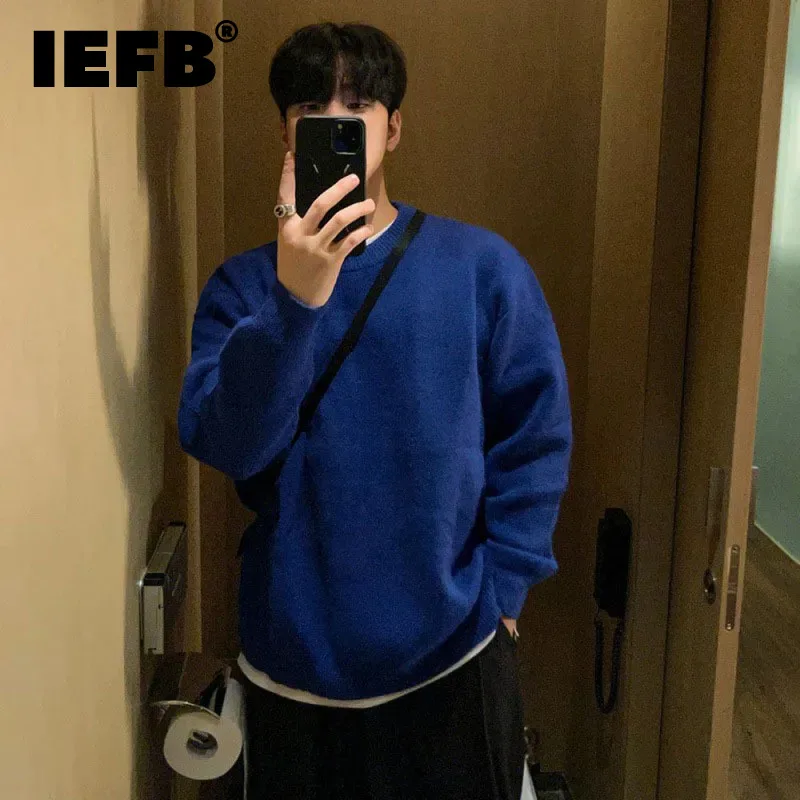 

IEFB Niche Round Neck Sweater For Men's Autumn Winter Korean Syle Loose Fitting Solid Color Knit Warm Pullover Tops Trend 9C2836