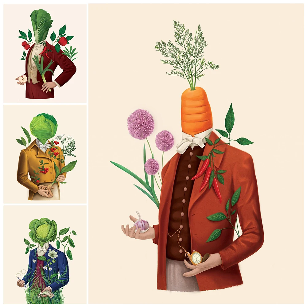 

Cartoon Vegetable Carrot Cabbage Head Portrait Wall Pictures For Living Room Nordic Poster Wall Art Canvas Painting Unframed