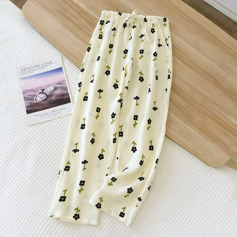 Cotton Pajama Pants Japanese Spring/Summer New Women's Pajama Pants 100% Cotton Crepe Pants Sweet and Cute Pajama Ladies Loose Home