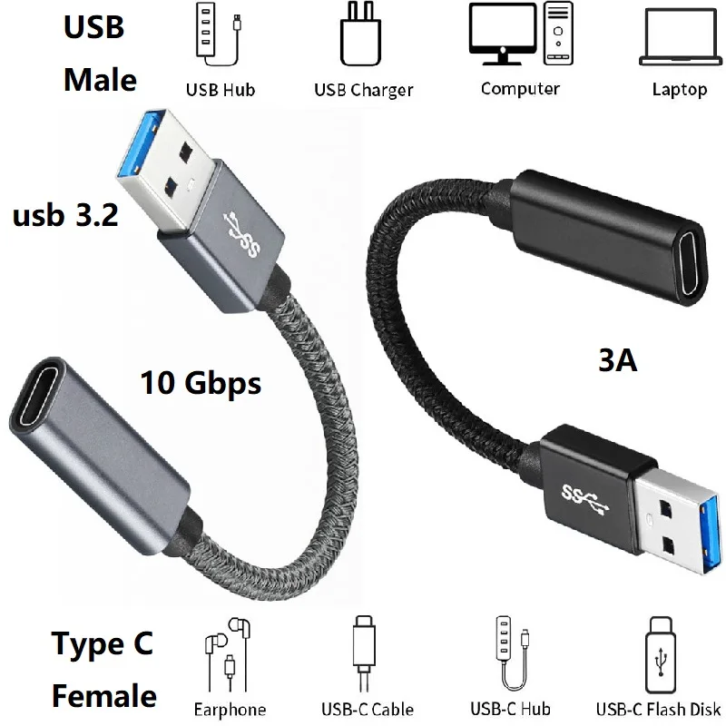 USB C Female to USB Male Adapter Type C to A Charger Cable Connector USB-C 3.2 Data Converter For Samsung Google Itel