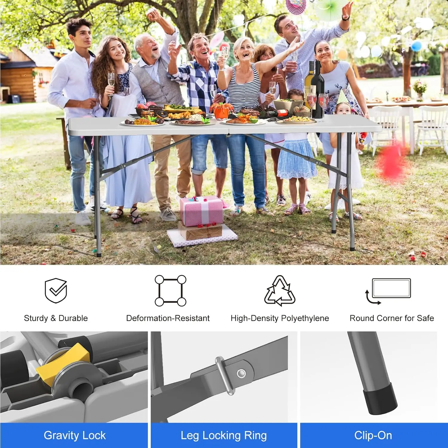 2 Pack Foldable Table 6ft, Plastic , Portable Heavy Duty Dining  with Lock Function & Carrying Handle, Outdoor Indoor Foldable