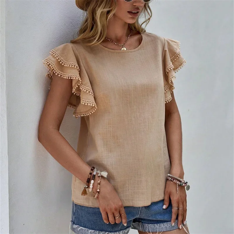 Women Multi-layered Ruffle Patchwork Sleeve Shirt Sweet Style Casual Loose Blouse Female Summer Solid Color O Neck Pullover Tops