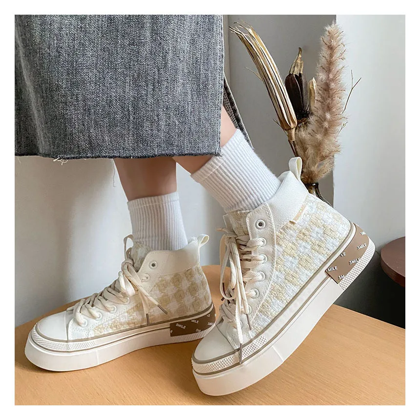 

Women Casual Shoes Multicolor Women Shoes Thick Shoelace Lace-up Women Canvas Shoes Tweed High Top Sneakers 24-127
