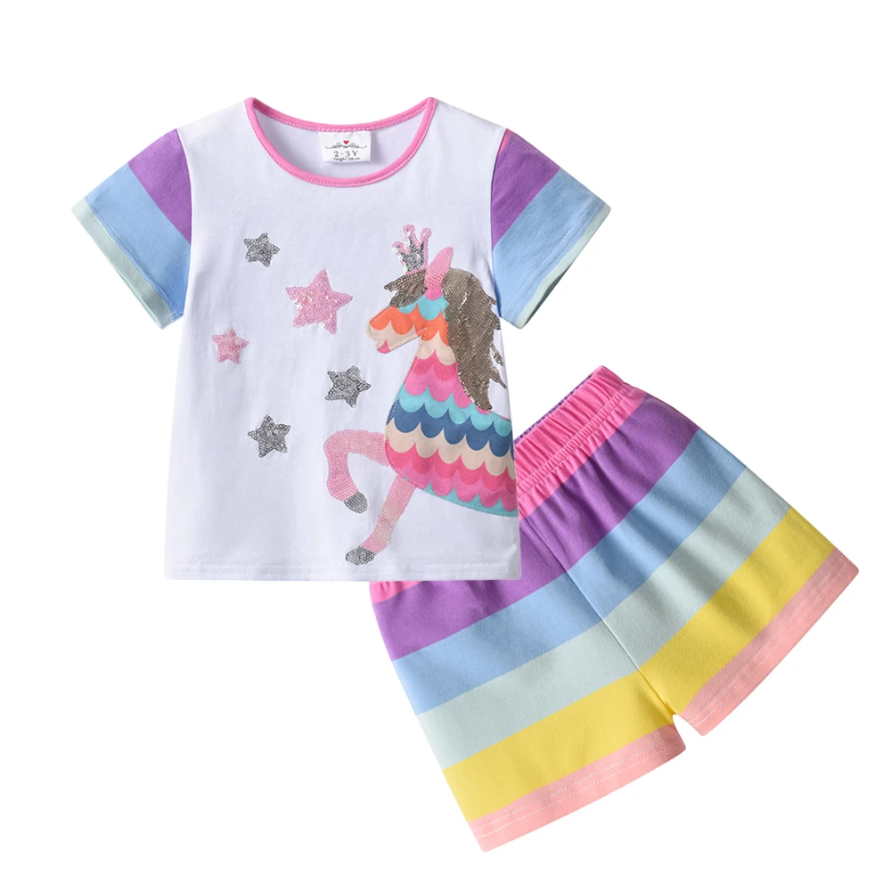 Dxton 2 stücke anzüge für Mädchen Kurzarm T-Shirts & Shorts Sommer Kleinkind Kleidung Set Einhorn applizierte Tops mit Regenbogen Shorts – Detail 2