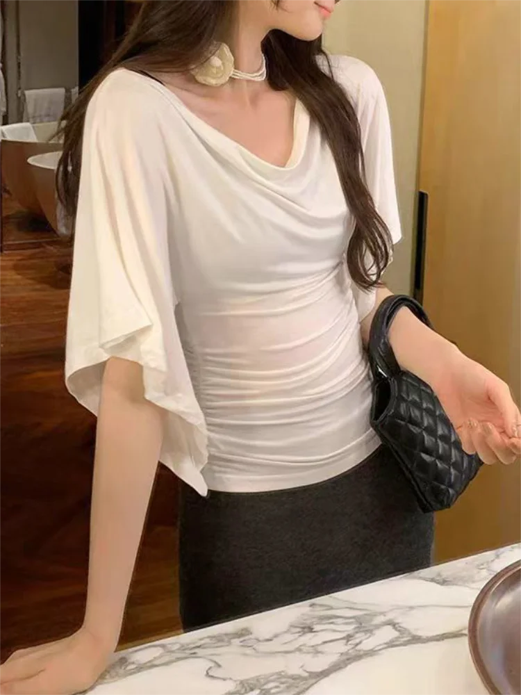Damen-Top für den Sommer mit Schulterfrei-Ausschnitt und Trompetenärmeln, Schlankes T-Shirt, Elegantes Plissiertes Einfarbiges Pullover-Shirt