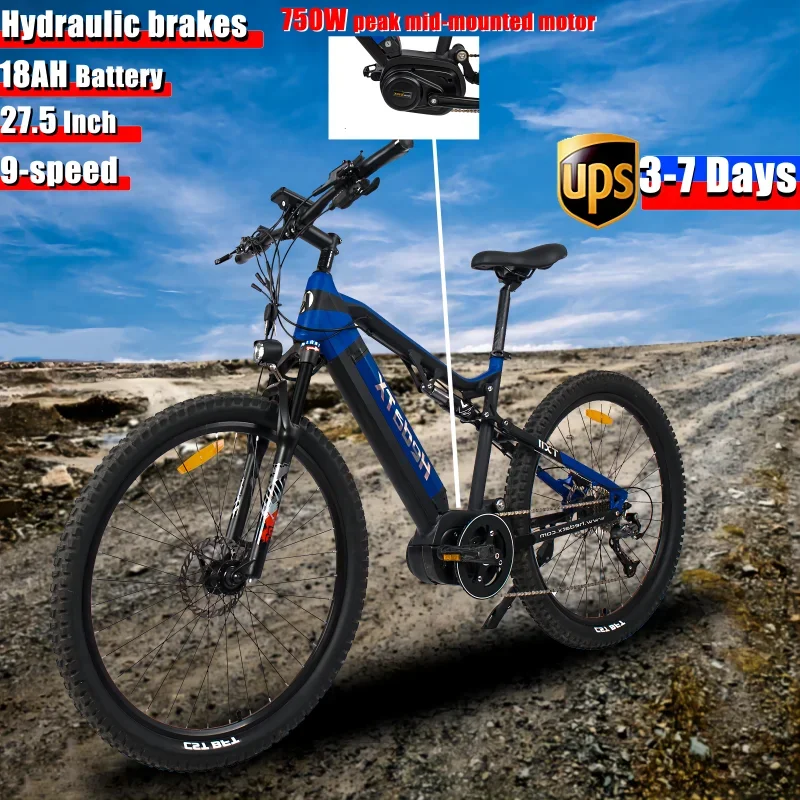 New Central Motor Peak 1000W 48V18AHBattery 27.5Inch Ebike Full Suspension 9-speed Aluminum Alloy Frame Hydraulic Brakes