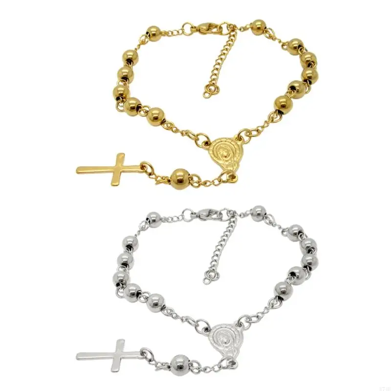 E74E Stainless Steel Beads Rosary Bracelet Vintage Jesus Christ Crucifix for Cross Ch
