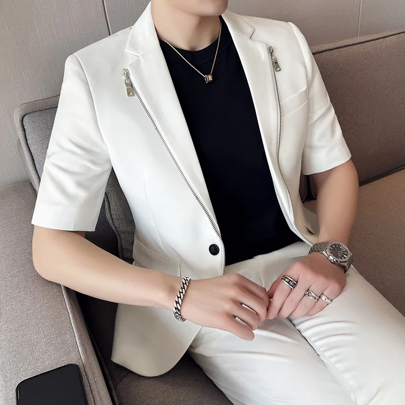 Summer Zipper Decoration Blazers Men Casual Business Suit Jacket Slim Fit 3/4 Sleeve Streetwear Social Jacket Men Clothing
