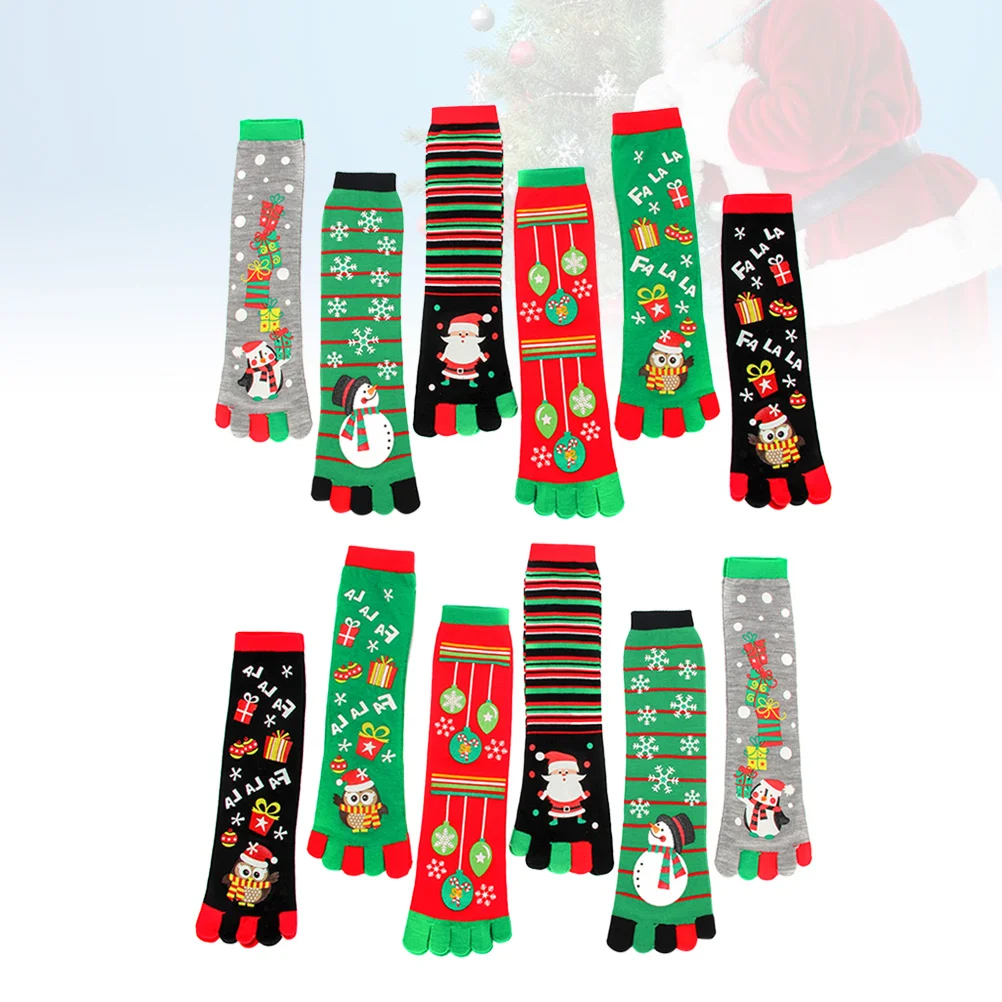 

6 Pairs Christmas Five Toe Socks Xmas Calf Stockings Santa Claus Snowman Owl Printed Socks Holiday Socks Gift for