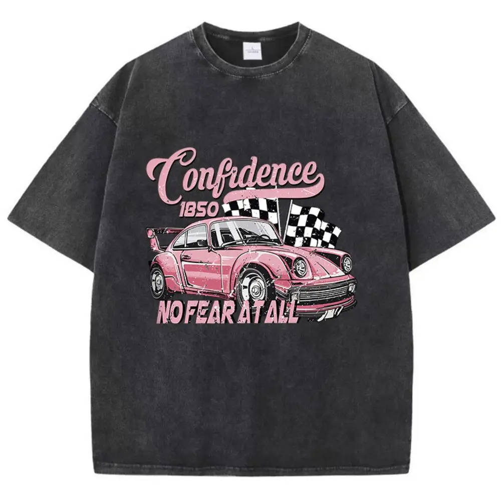 Street Woman Cotton Washed T-Shirts Cool Racing Cars No Fear At All Printing Tee Shirts O-Neck Loose Distressed Female Clothes