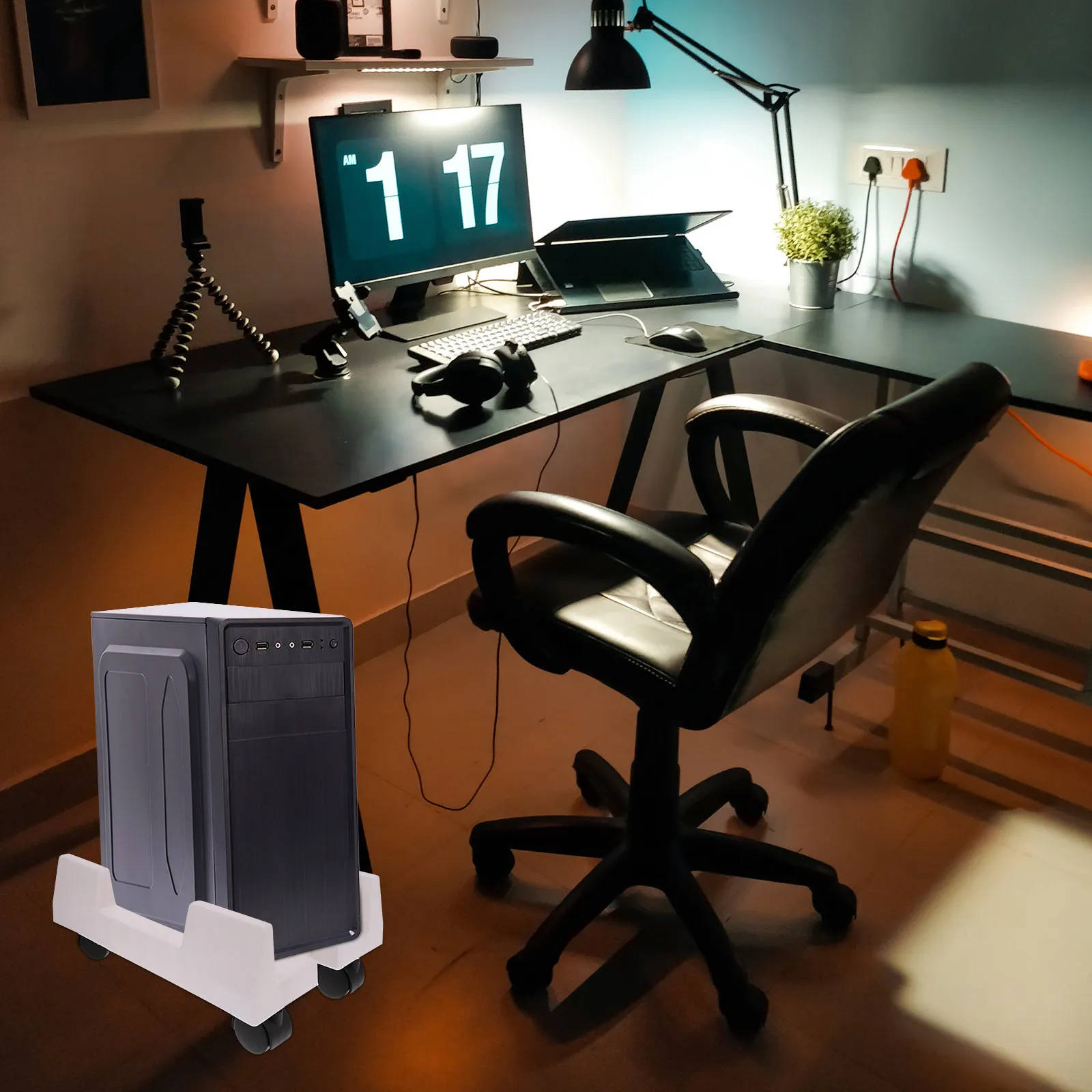 4개의 부드러운 바퀴가 달린 모바일 CPU 스탠드, 고하중 플라스틱 컴퓨터 타워 스탠드, 공간 절약형 책상 아래 정리함 (가정 및 사무실용)