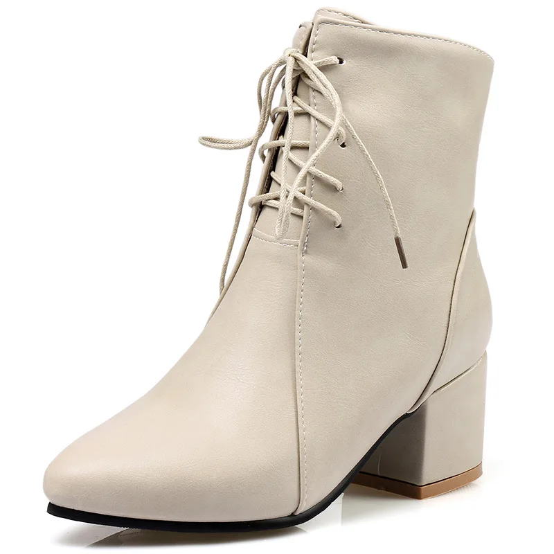 

White Ankle Boots Round Toe Women's Rubber Shoes Rain Low Med Large Size Ladies Hoof Heels Basic Cotton Fabric Rome Lace-Up PU