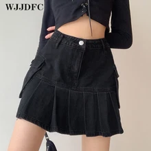 

WJJDFC Mall Goth Y2K High Waist Jean Skirts E-girl Aesthetics Black Denim Pleated Skirts with Big Pockets Grunge Punk Outfits