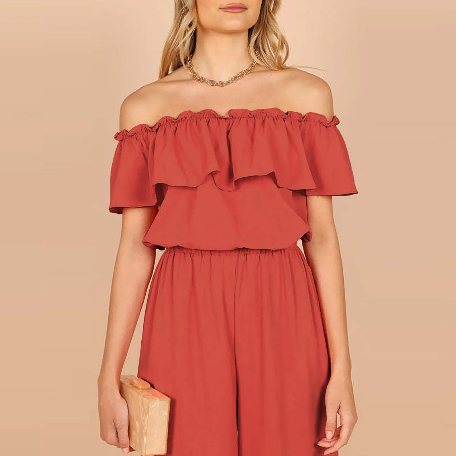 

Женские Летние повседневные Костюмы для путешествий, танцевальные Удобные однотонные комбинезоны с прямыми плечами и оборками и широкими штанинами