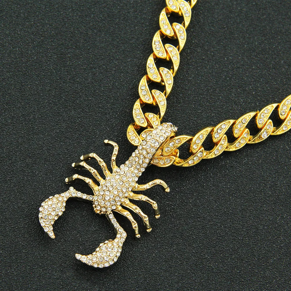 

Hip Hop Iced Out Cuban Chains Bling Diamond Rhinestone Animal Scorpion Pendant Necklaces Gold Charm Jewelry for Male Boys Choker