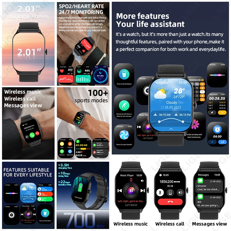 2026 New Sports Smart Watch Men Full Touch Screen Heart Rate Bluetooth Call 2.01 inch AI Voice 1ATM Waterproof Smartwatch Women 6