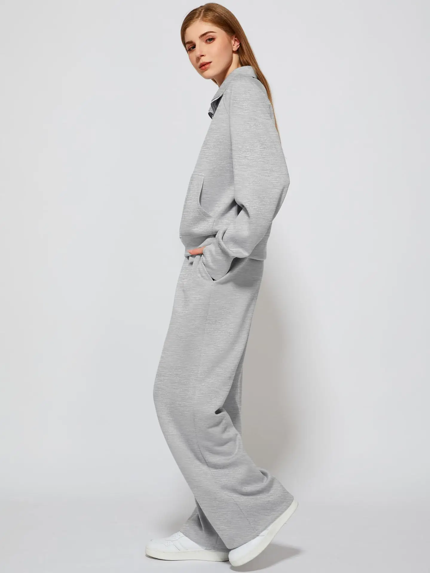 Woman Solid Color Half Zip Long Sleeve Sweatshirt and Wide Leg Pants Set Casual Sporty Two Piece Outfit 4