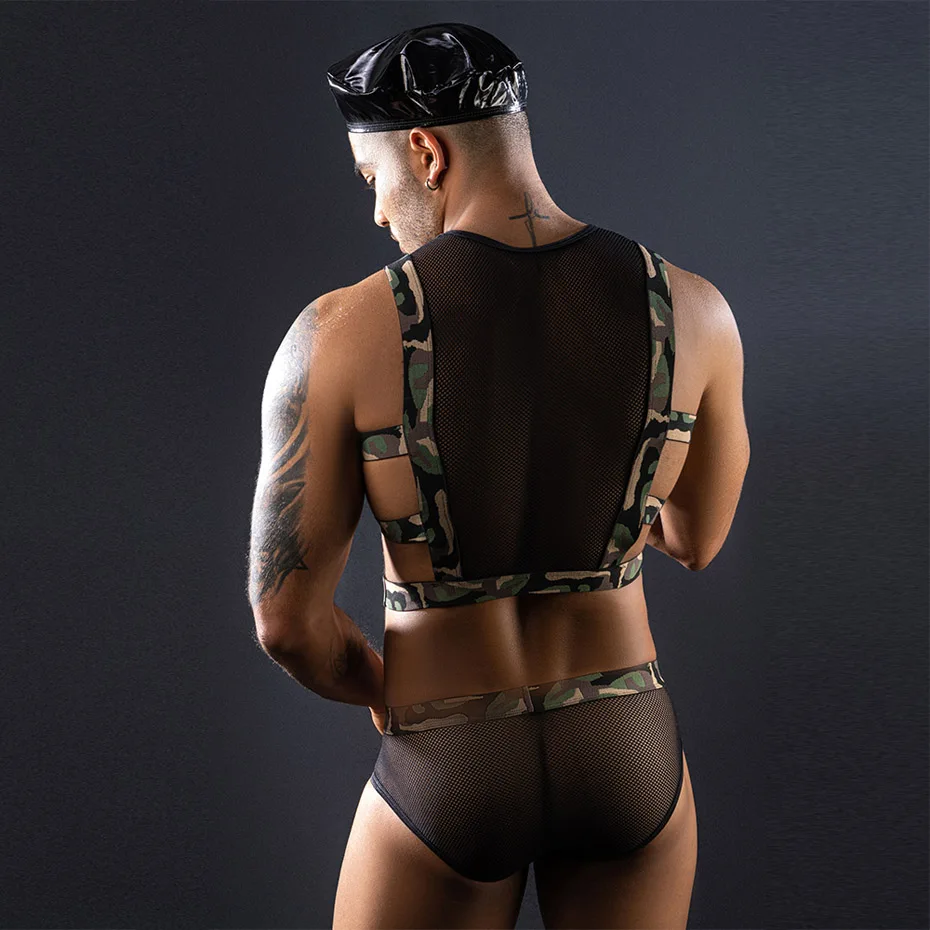 JSY Sexy Army Uniform Cosplay Lingerie Men Underwear 4 Pieces Bondage Top And Pants Set Erotic Costumes Sexy Role Play Outfit