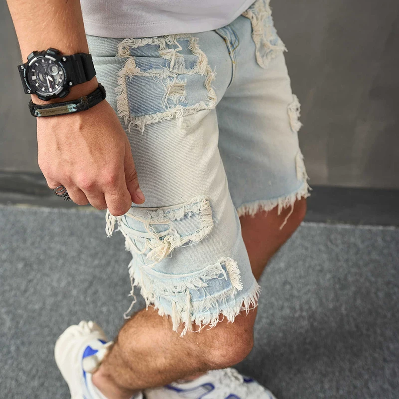 Y2K Style Ripped Design Mens Denim Shorts Summer Trendy Solid Color Slim Fit Jean Shorts Men Vintage Straight Denim Short Pant