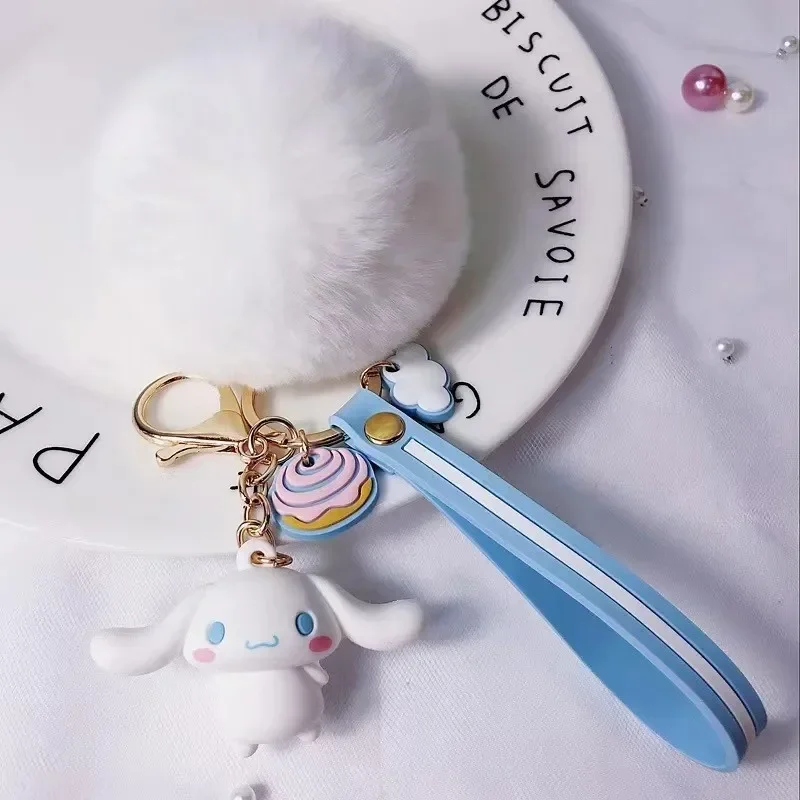 Hello Kitty Sanrio Kuromi Penguin Frog Dog Cat Cute Keychains with Fluffy Rabbit Fur Ball Women Girl Bag Pendant Keyring Gifts 6